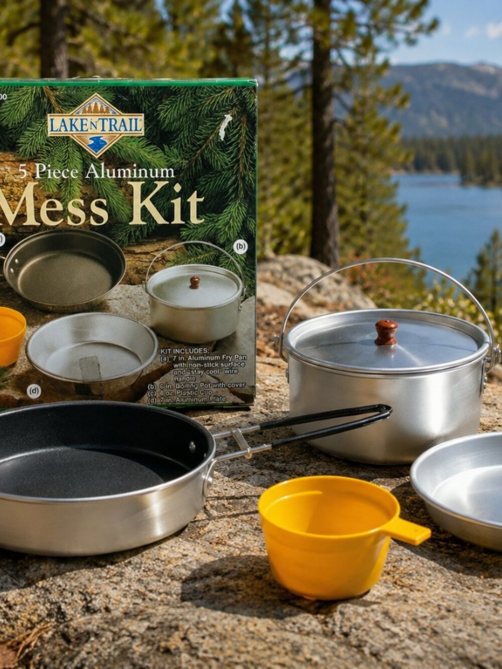 LakeTrail 5-Piece Aluminum Mess Kit Camping Cook Set Fry Pan Pot Plate Cup